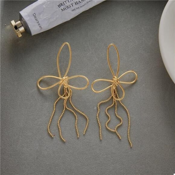 18K Gold-Plated Tassel Bow Earrings - Picture 2 of 7